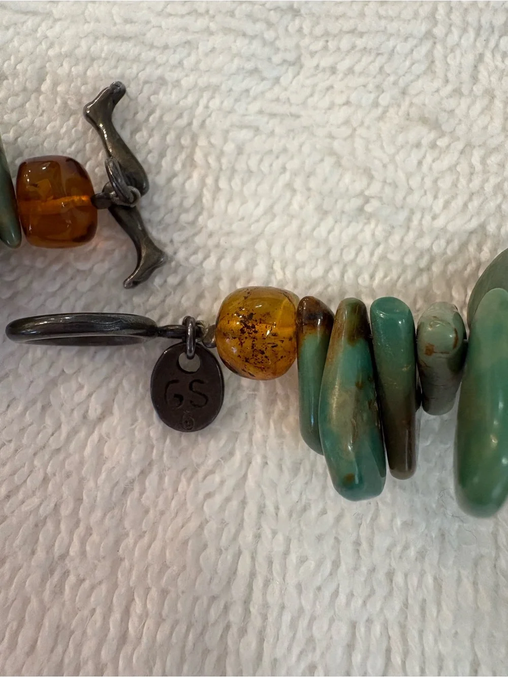Turquoise and Amber Beaded Crescent Pendant Necklace